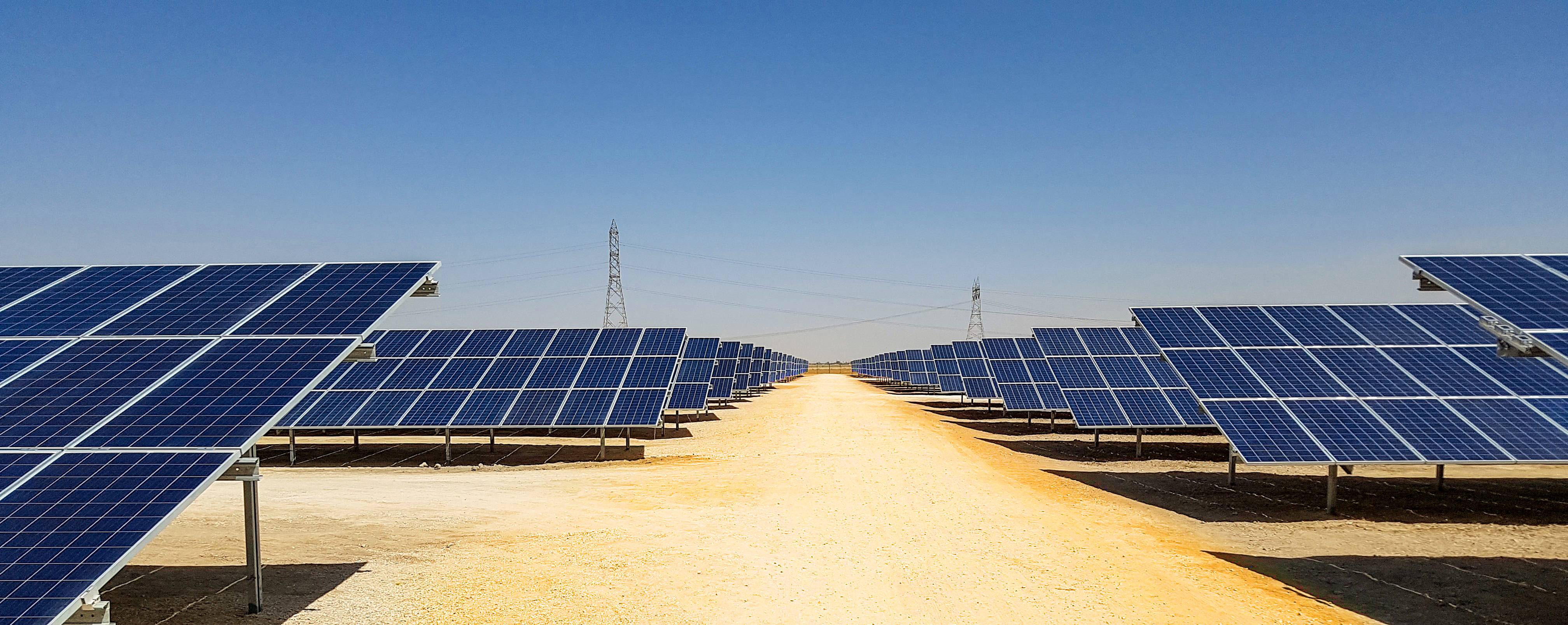 Rows of solar modules stretching towards the horizon